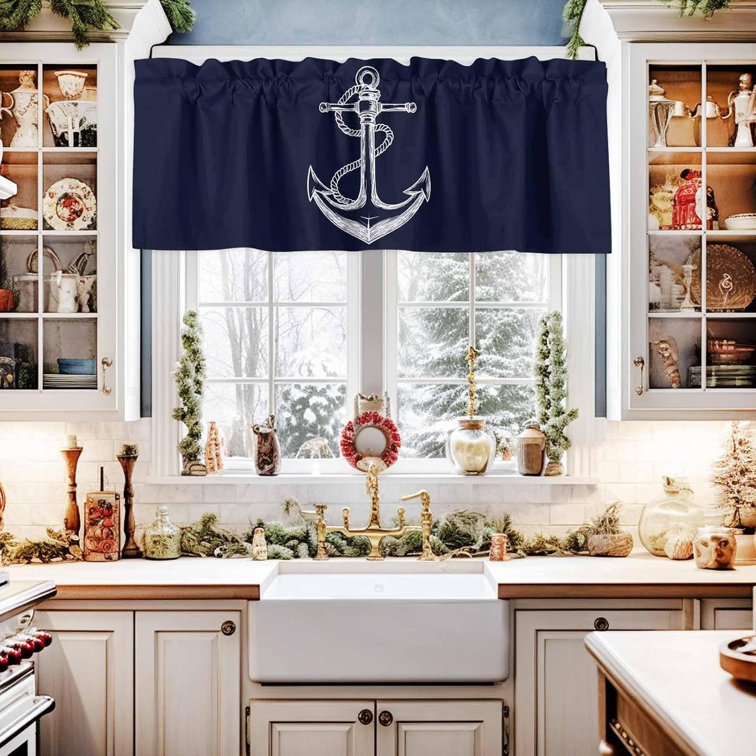 Window Curtains Valances, Nautical Knot Anchor Illustration Minimalist Art Dark