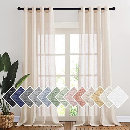 Linen Textured Sheer Faux Flax Window Curtains, 52″W x 96″L (Pack of 2) Beige
