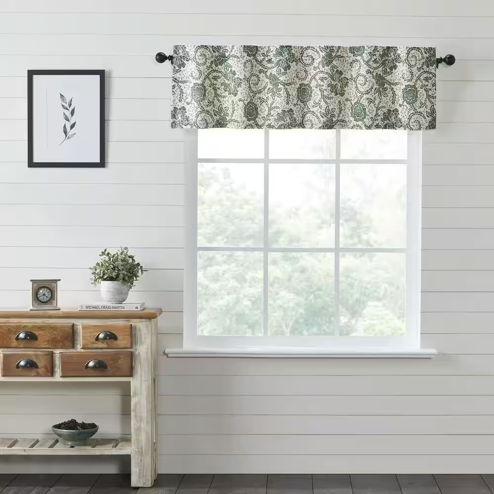 VHC BRANDS Dorset Floral 60 L x 16. W in. Cotton Valance Creme Basil Green