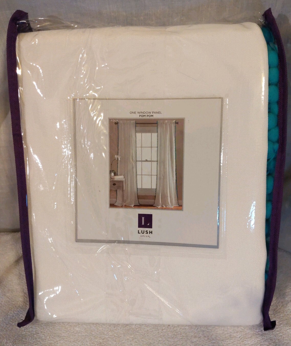Lush Decor,White window panel curtain w/blue/aqua pom pom edging 50 in. X 84 in