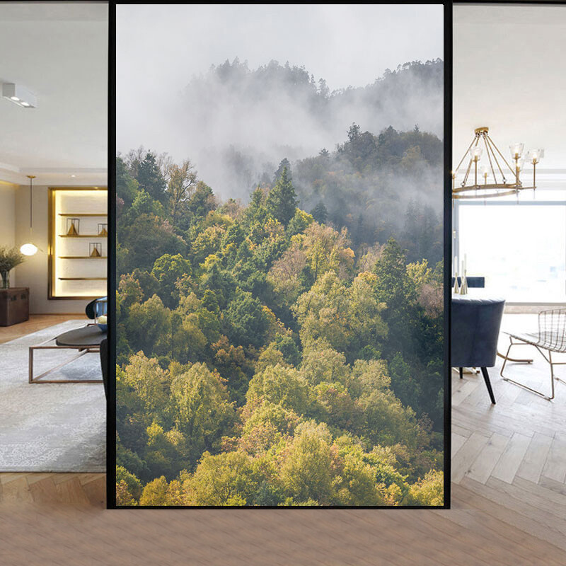 Home Window Film Static Cling Stained Forest Scenery 3D Frosted Decor US