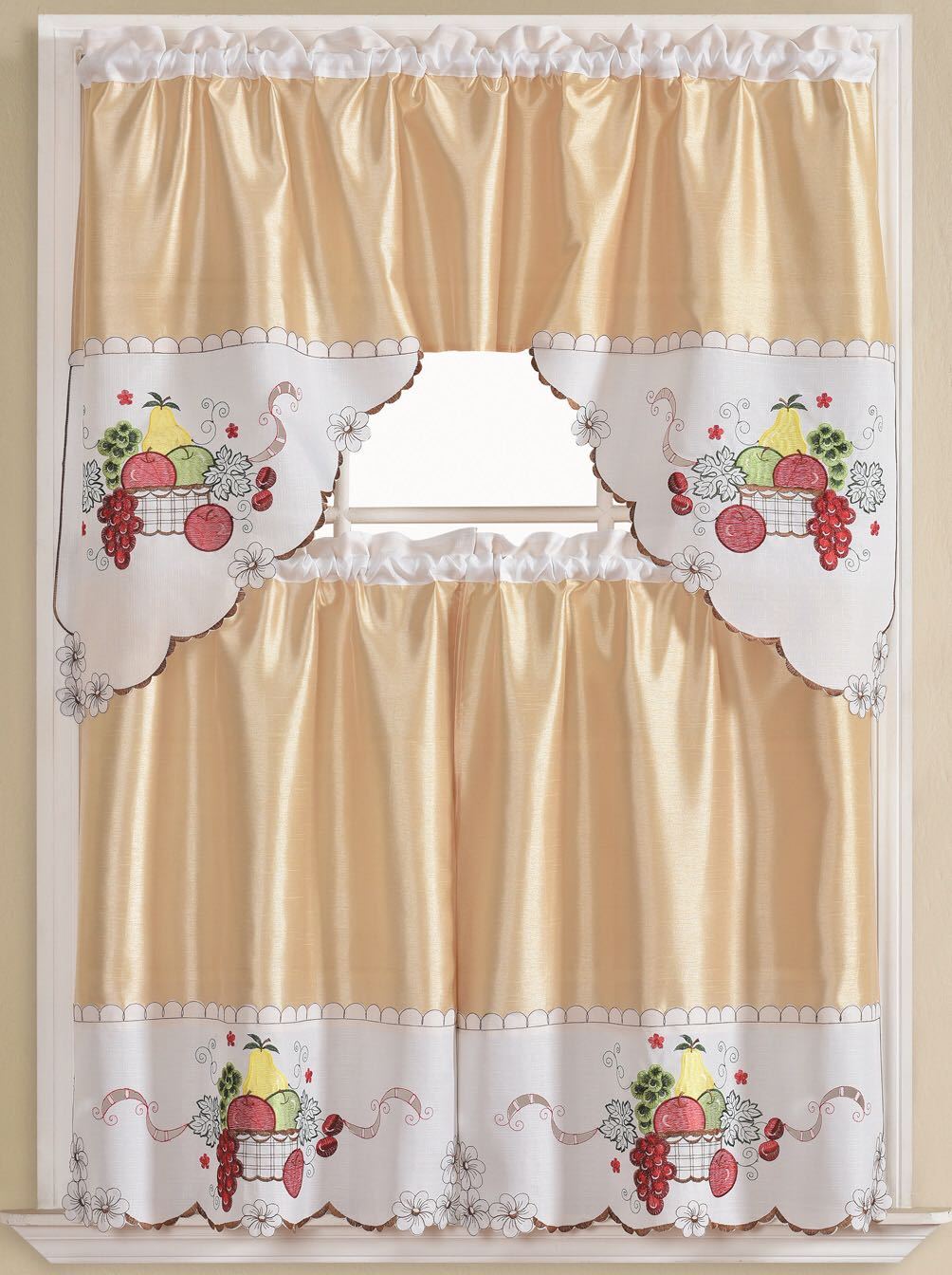Kitchen Curtains 3 Pc. Set with Attached Valance Tier and Swag Set Red Brown