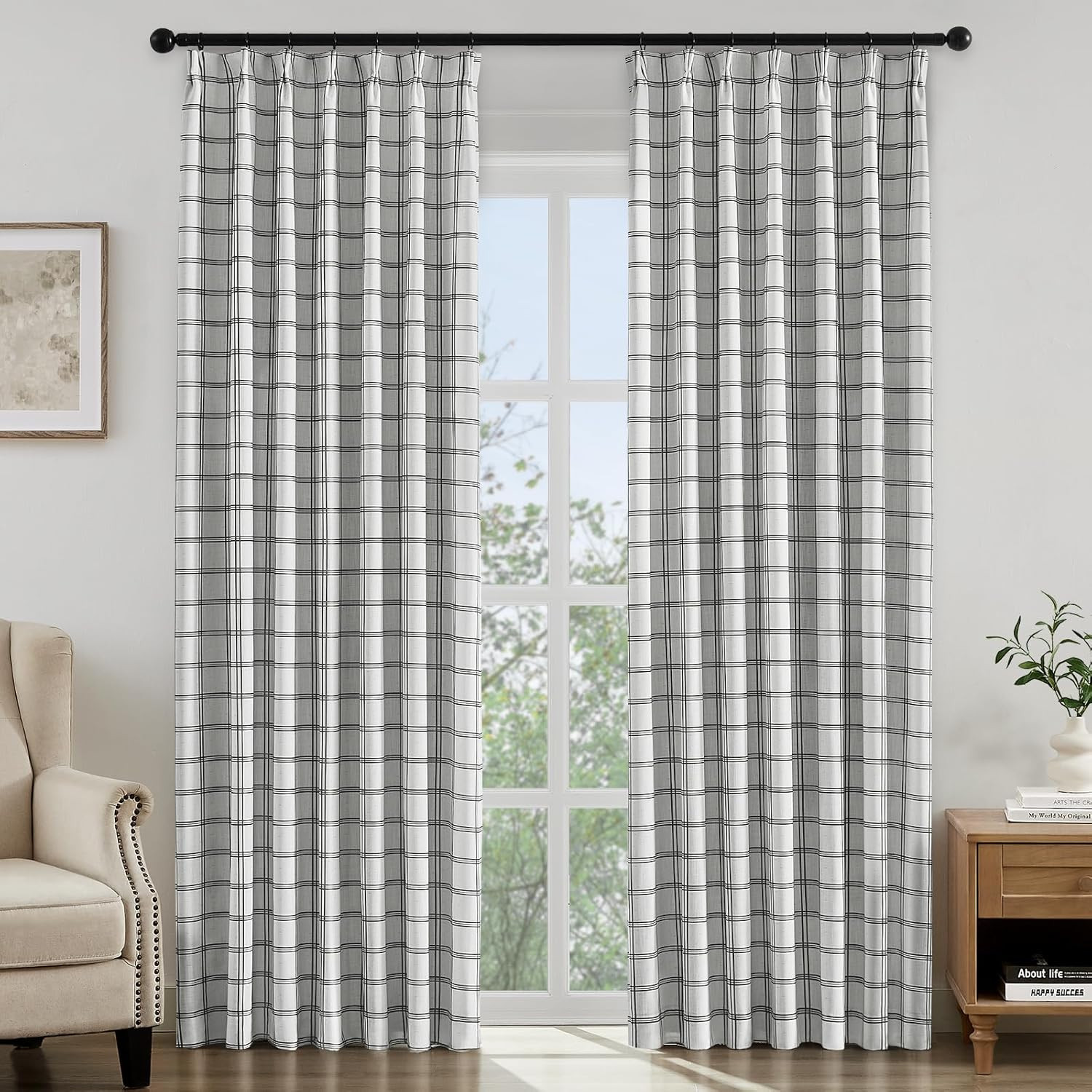 Blackout Plaid Pinch Pleated Curtains, Thermal Insulated, 2 Panels, 40×108