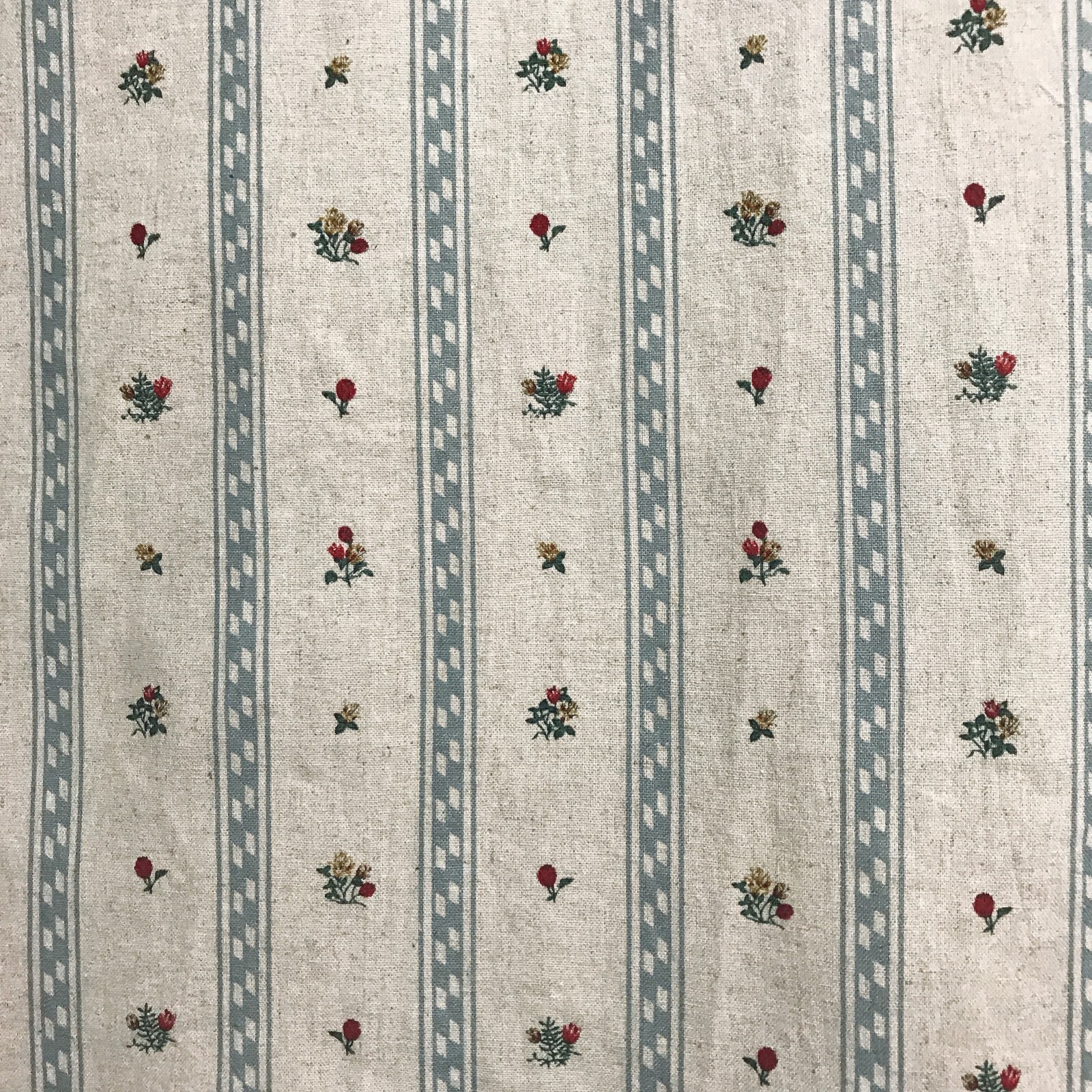 Modern Vintage Handmade Grayish Blue Vertical Stripes Tiny Floral Beige Curtain