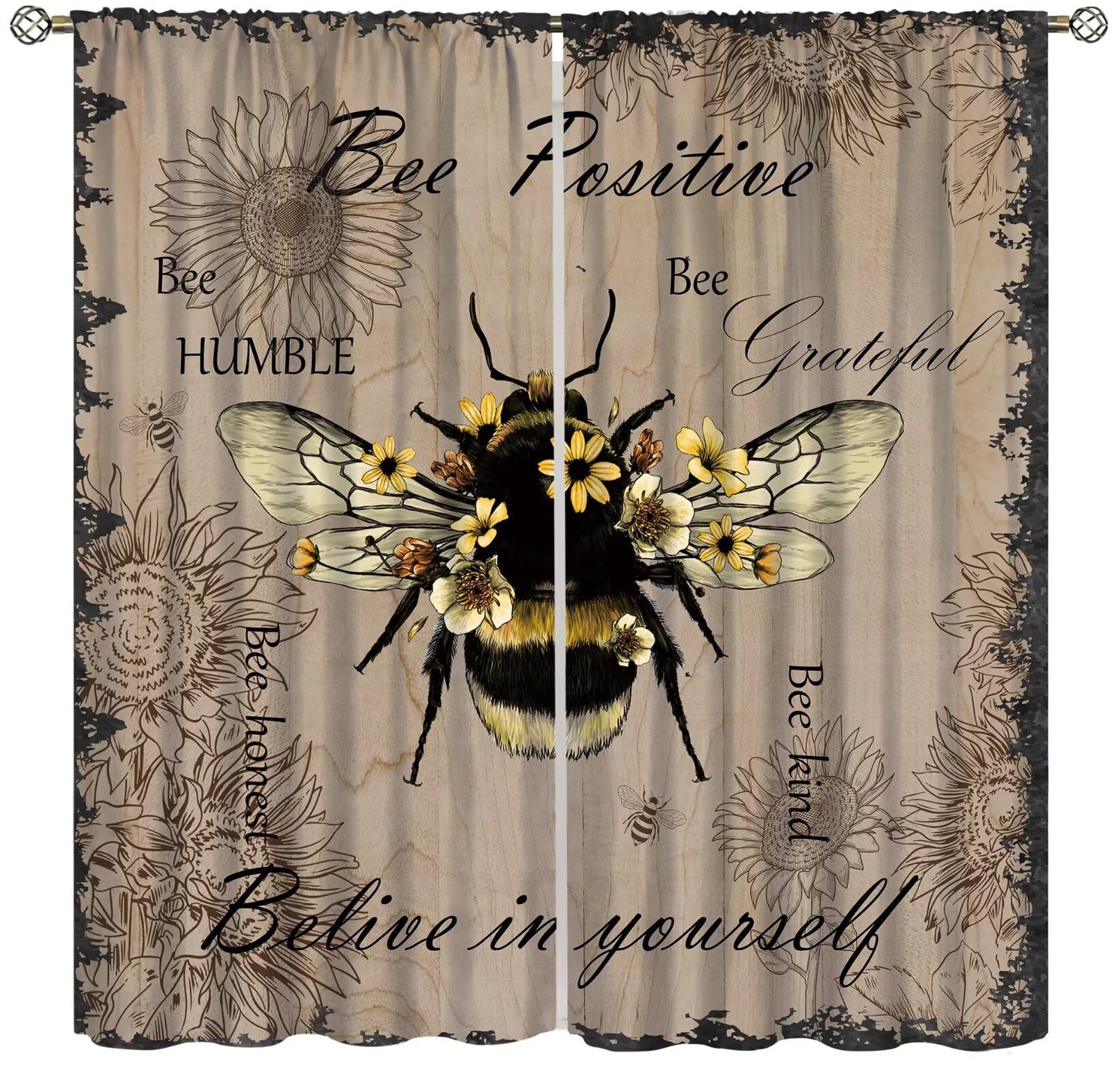 Fblifil Rustic Farmhouse Bee Curtains Daisy Animal Country Positive Vintage I…