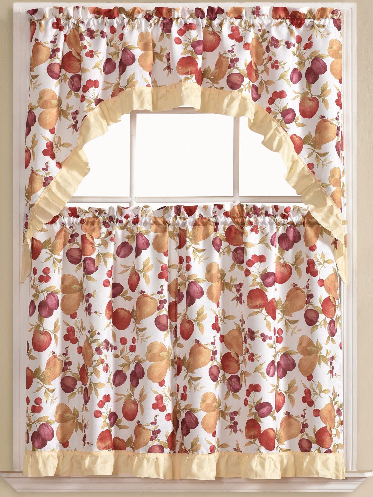Kitchen Curtains 3 Pc. Set with Attached Valance Tier and Swag Set Red Brown