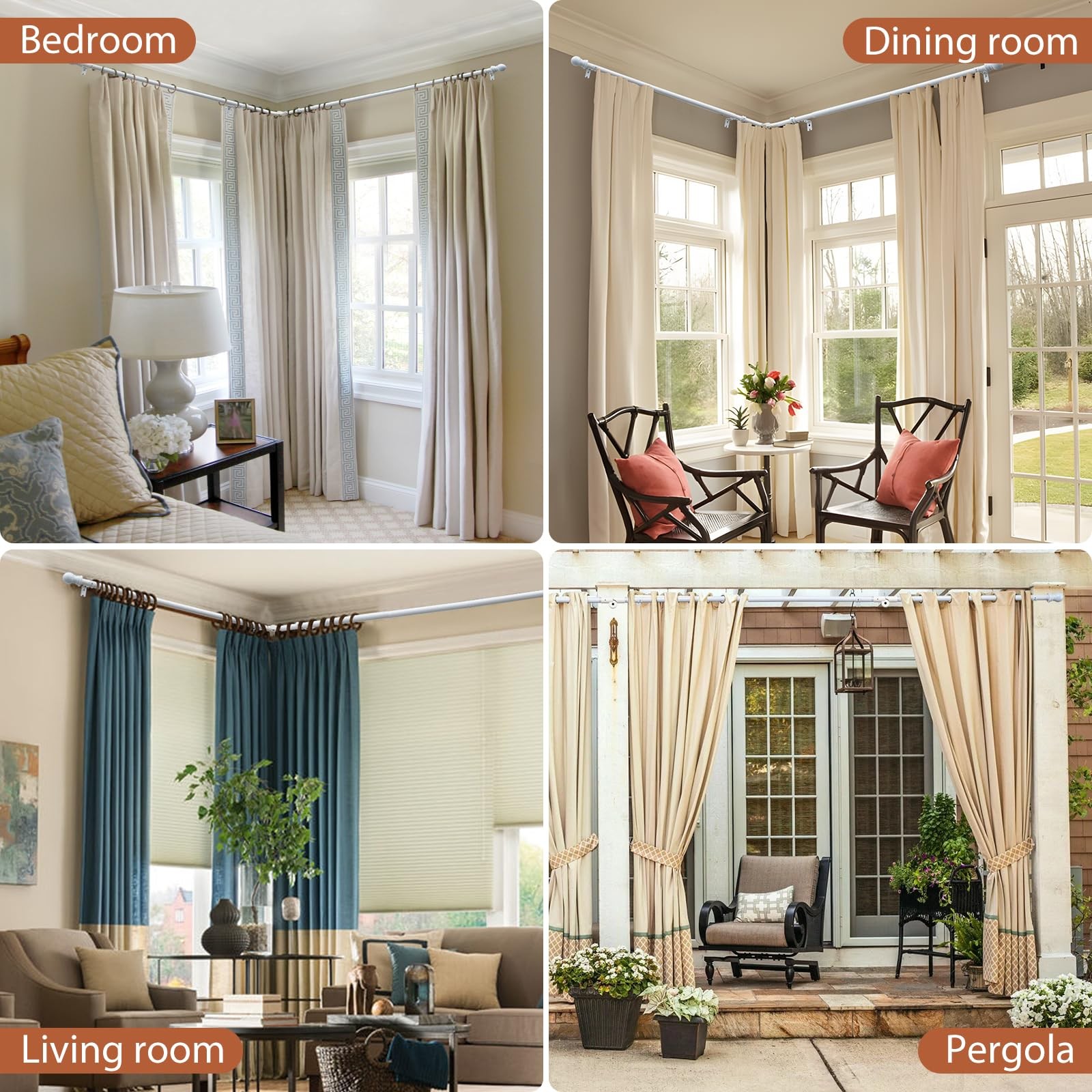 Corner Curtain Rod 32-134″ White 1 Inch Heavy Duty Metal L Shaped Rod