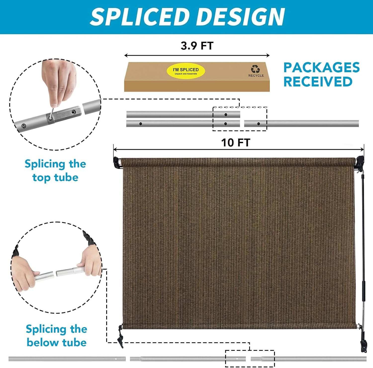 10′(W) x8′(H) Mocha Outdoor Roller Shade – Cordless Exterior Roll Up Sun Shade
