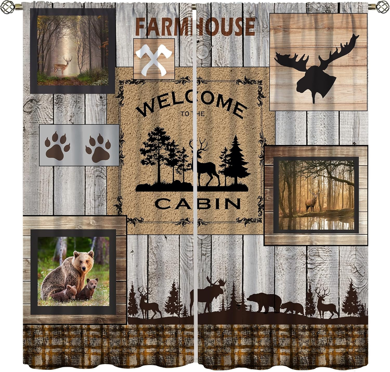 Rustic Bedroom Living Room Curtains, Vintage Log Cabin Hunting Theme Forest Bear