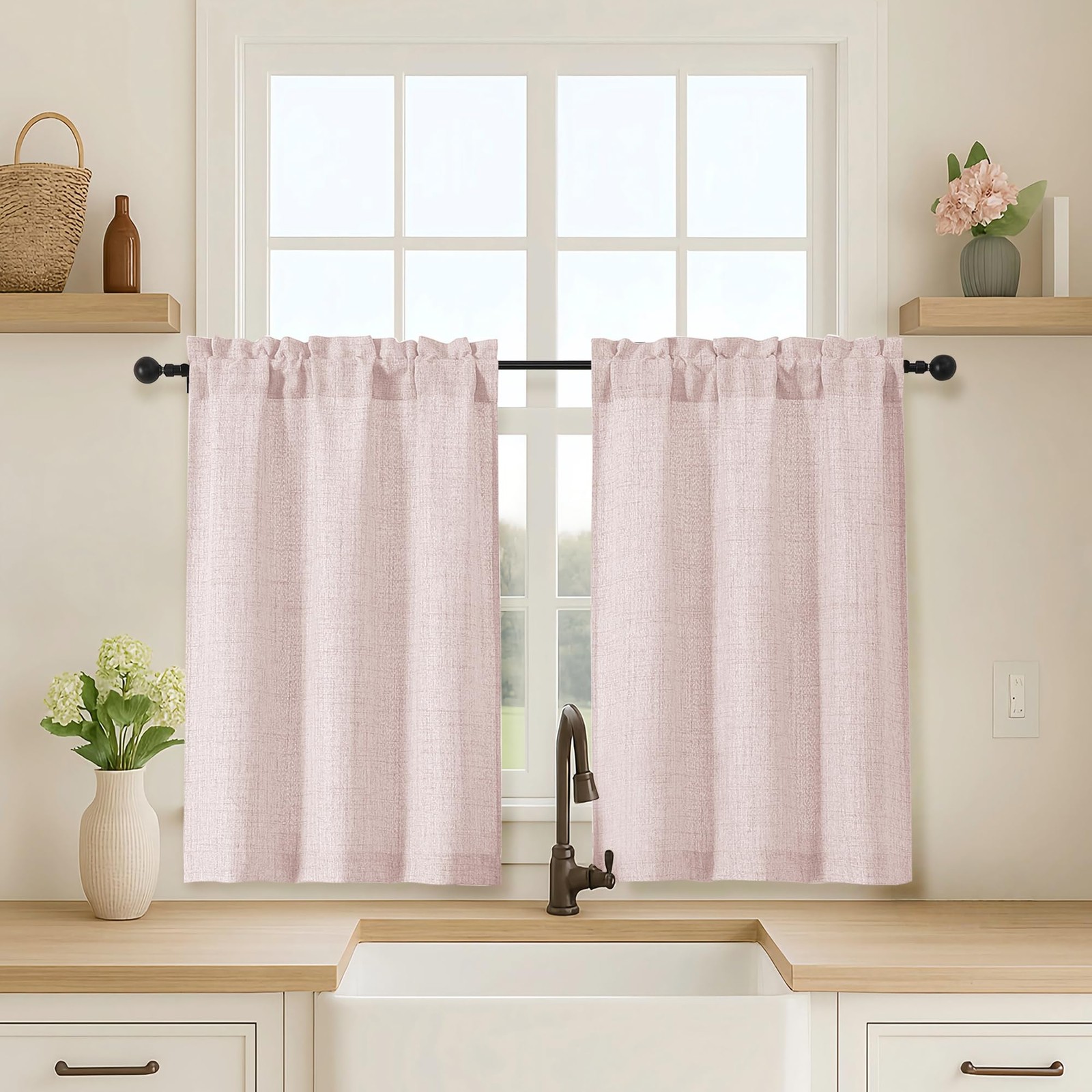 Blush Pink Cafe Curtains 36 Inch, Light Filtering Short Tier for Kitchen & Bath