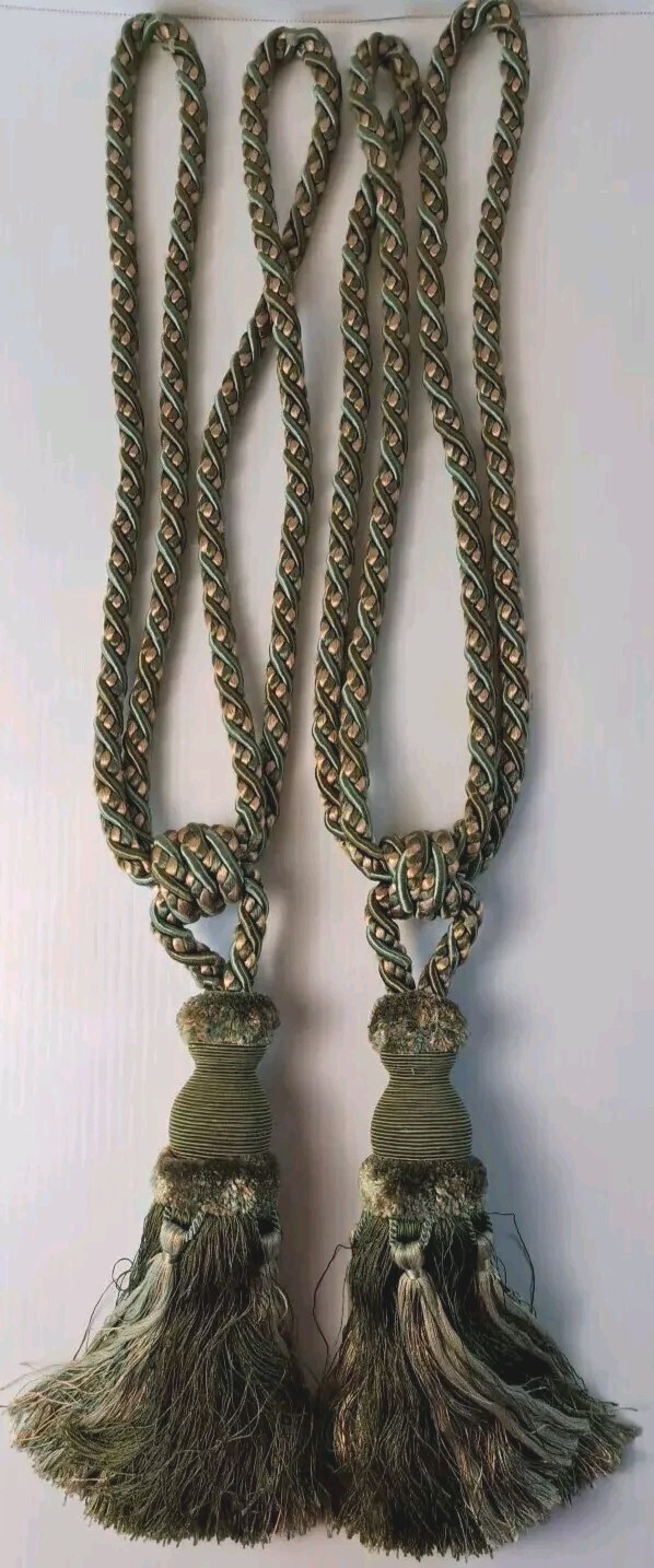 Large Golden Tan Sage/Olive Green Tassel Curtain Tieback Holdback Pair Elegant
