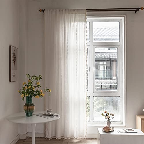 Boho Curtains 84 Inches Long for Bedroom Living 52″W x 84″L (Pack of 1) White