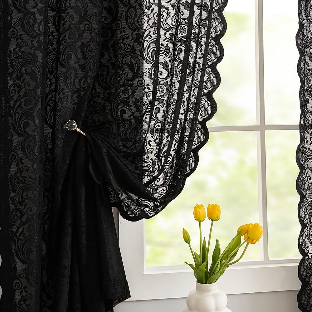 Black Lace Curtains 2 Panels 52×84 Gothic Sheer Boho Doorway Living Room