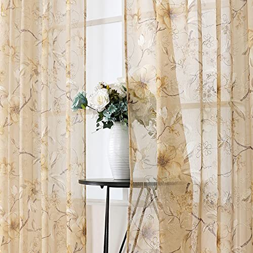 Short Sheer Tier Curtain Flower Leaf Printed Floral 30″W x 24″L Beige