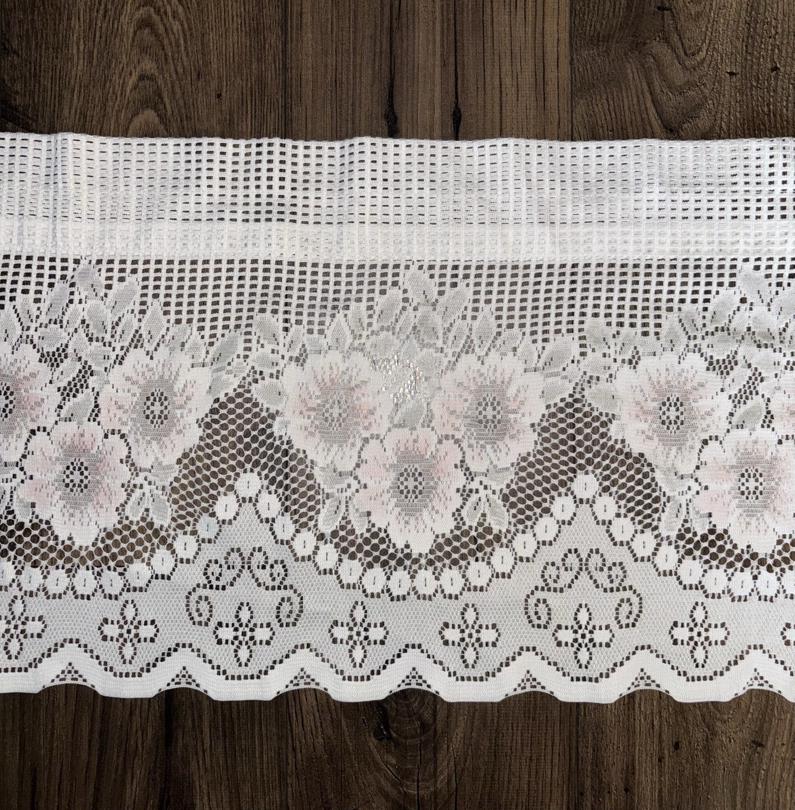 Window Valance Floral White & Light Pink Crochet Double Rod Pockets 56×14.5