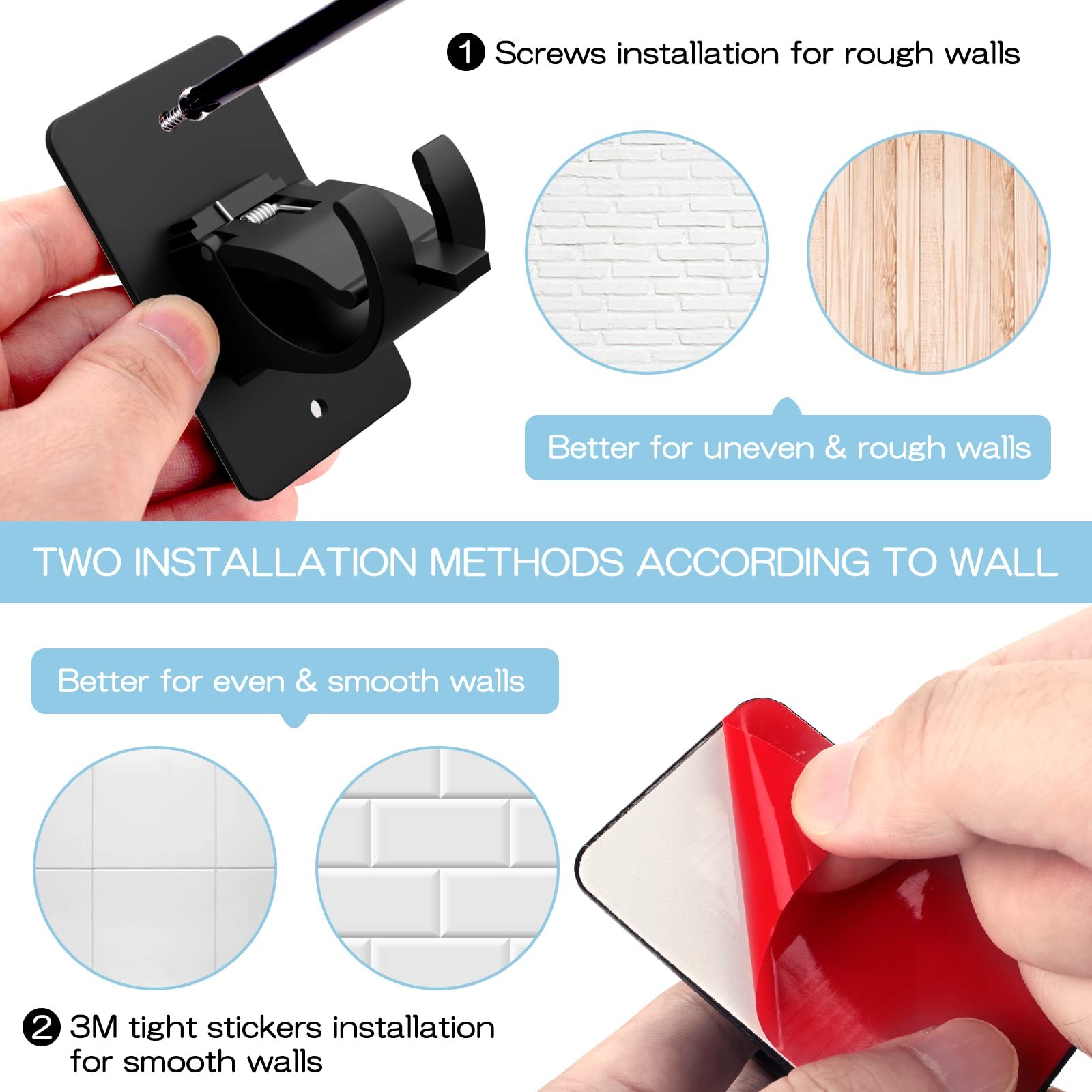 2 Pieces Self Adhesive Curtain Rod Bracket, 3 * 1.8 * 2.4 inches, 2 Pcs Black