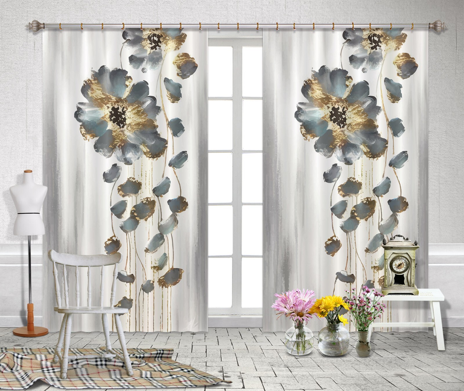 3D Watercolor Flowers A6300 Photo Curtain Window Blockout Fabric Amy 2024