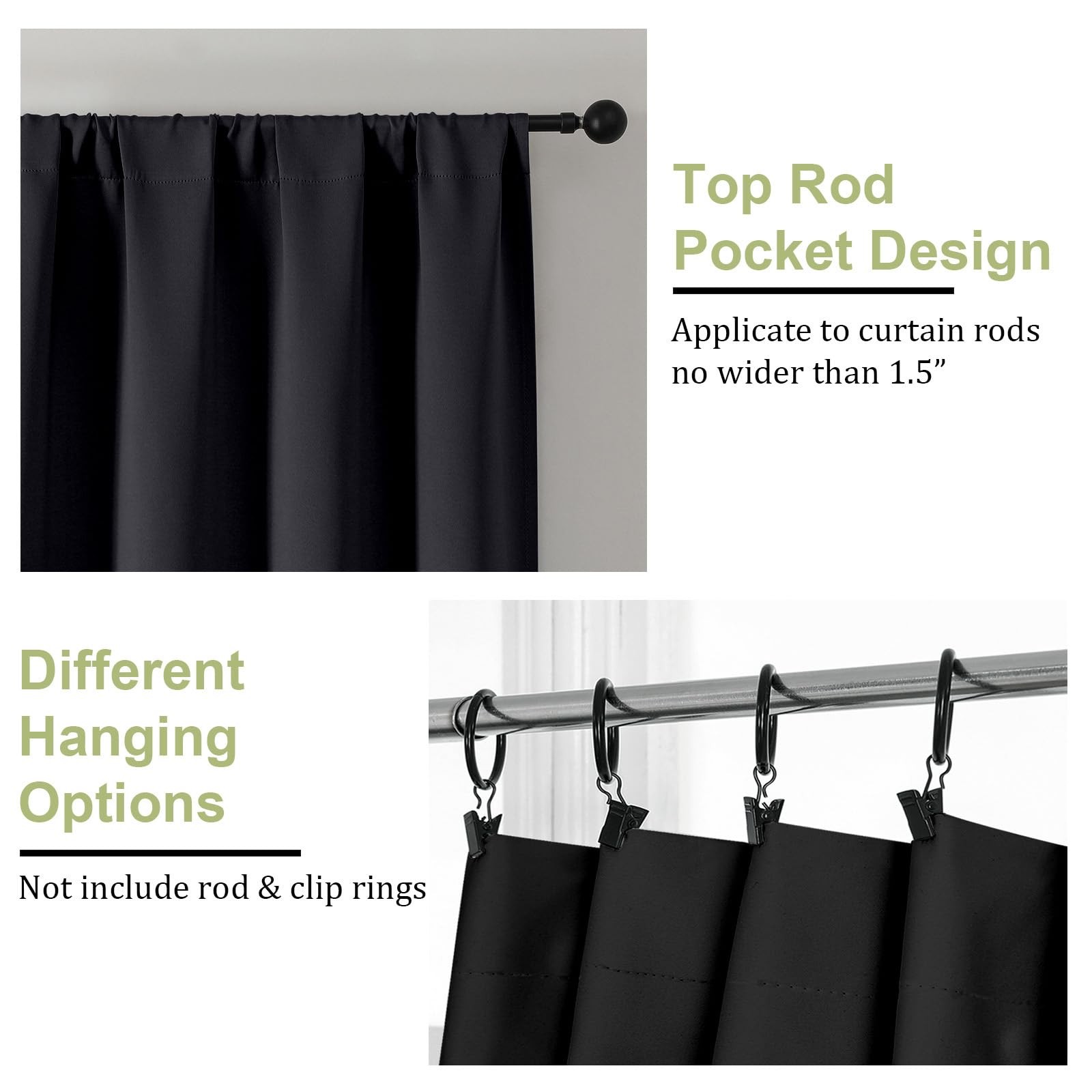 Blackout Curtains 2 Panels Set W40 X L72 Inch Black Thermal Insulated – Light