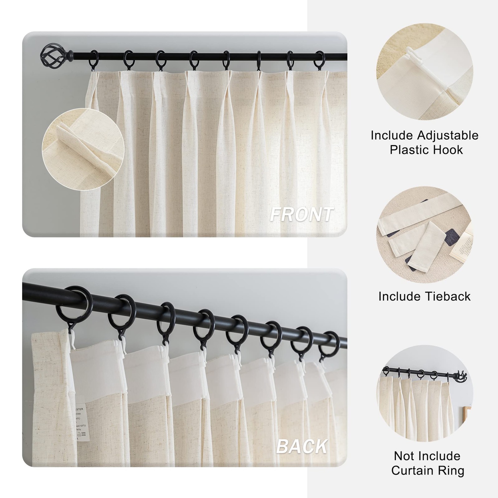 Oyring Faux Linen Double Pinch Pleat Window Curtains Panelssemi Sheer Light