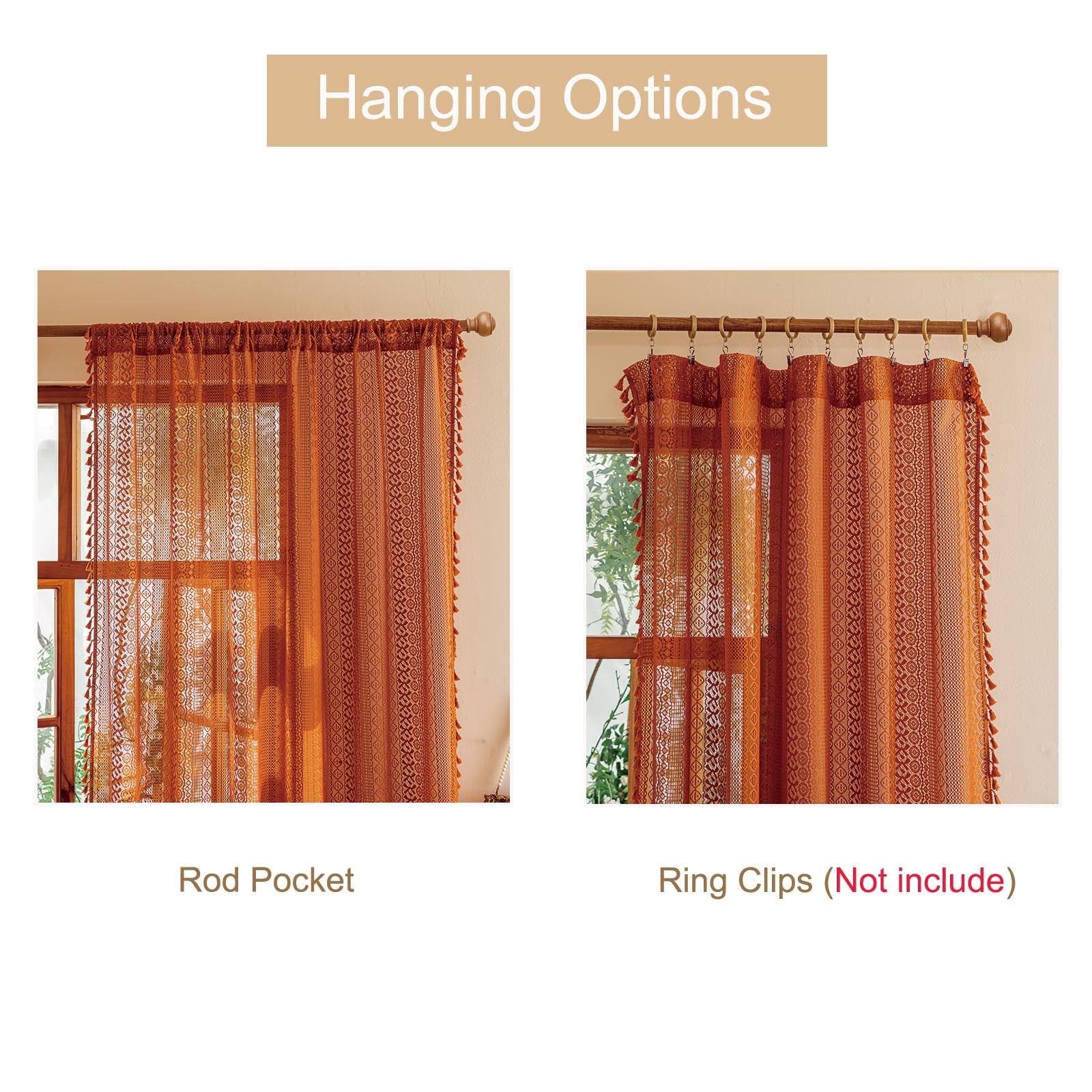 Terracotta Boho Lace Curtains 2 Panels 84 Inches Long for Living Room&Bedroom…