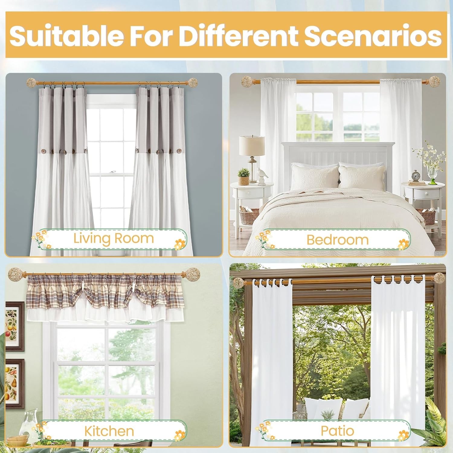 BOHO WOOD DECORATIVE WINDOW CURTAIN RODS Heavy Duty Adjustable 28-48 Inches