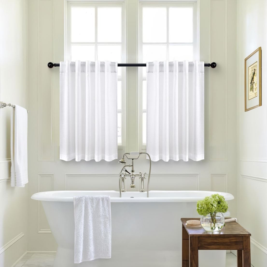 White Linen Textured Kitchen Curtains – 24″ Tier Cafe Curtains, 2 Pcs, Sheer Sho