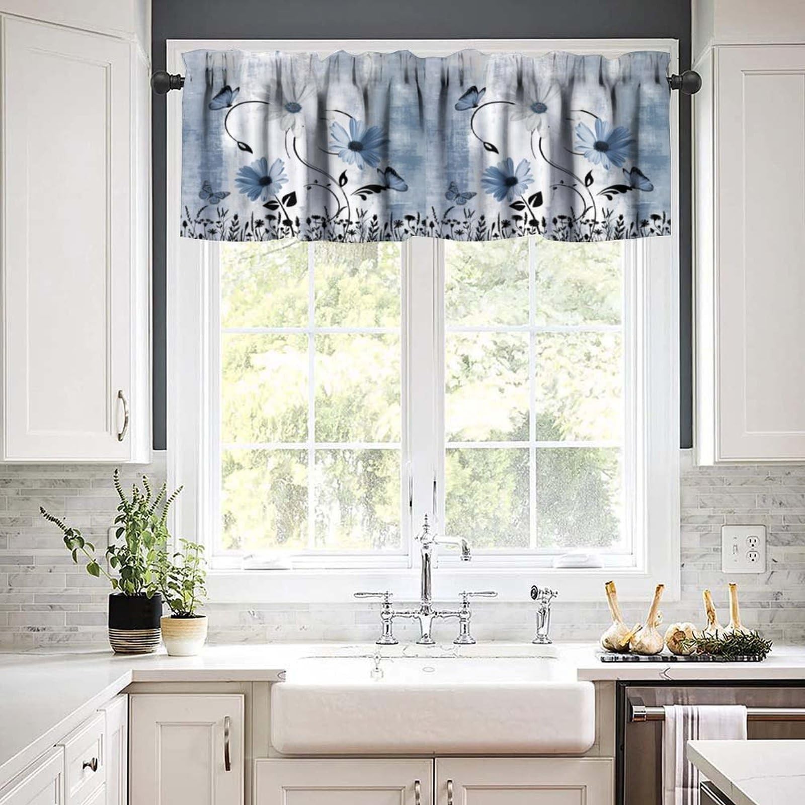 Blue White Daisy Kitchen Valance Curtains Farmhouse Modern Flower Retro Flora…