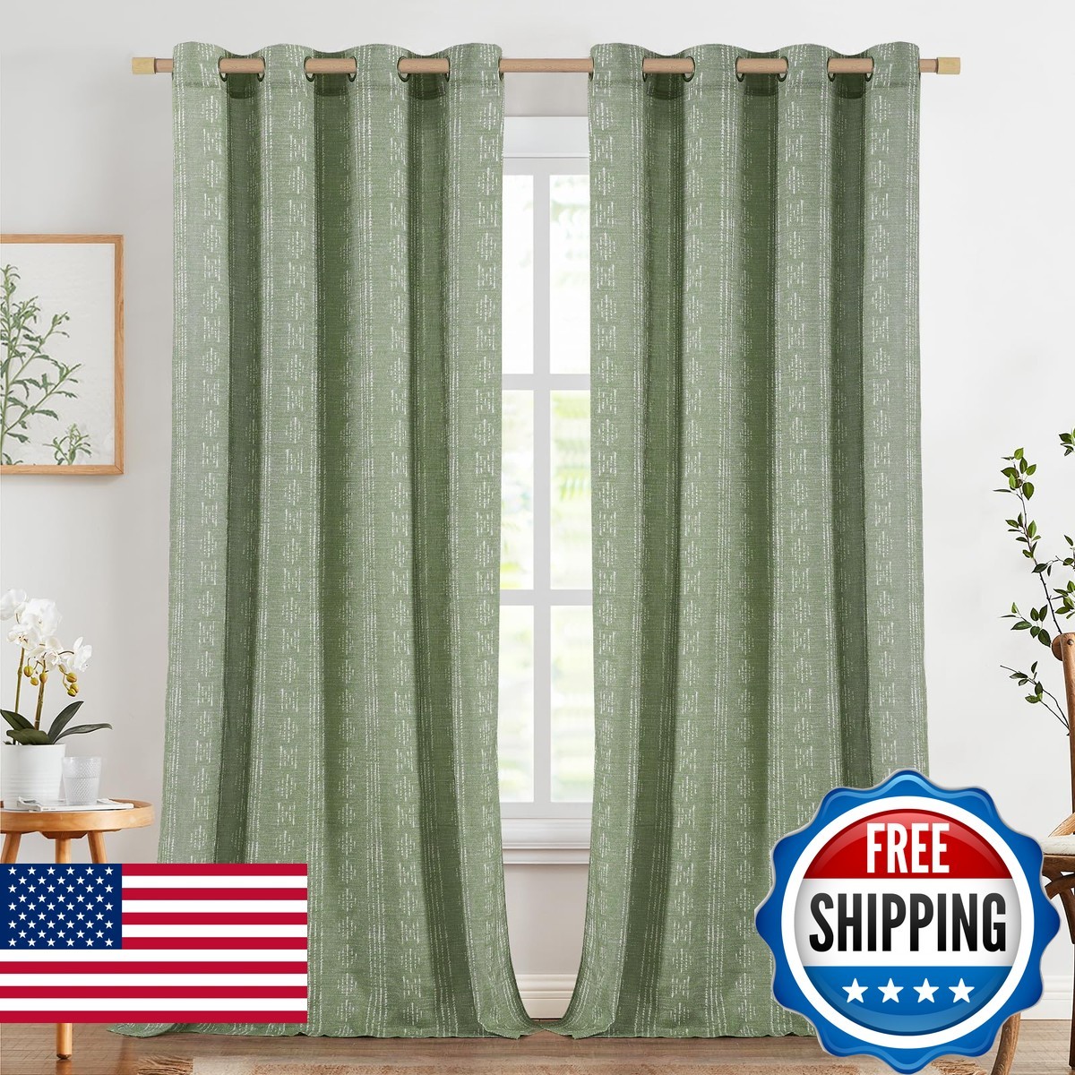 Jinchan Boho Curtains Linen Blend Curtains Living Room Farmhouse Sage Green