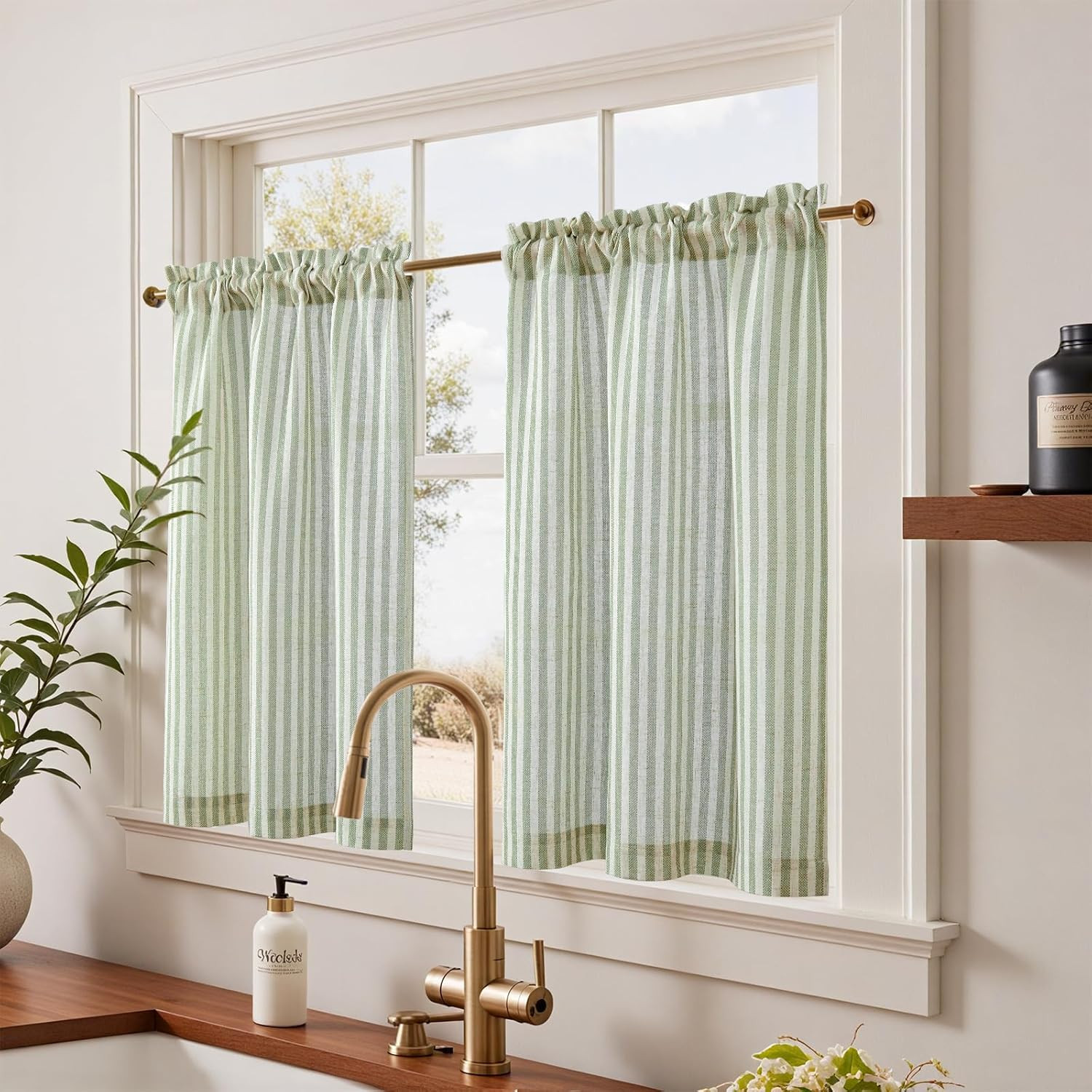 Jinchan Striped Linen Kitchen Curtains 36 Inches Length Tier Curtains Farmhouse