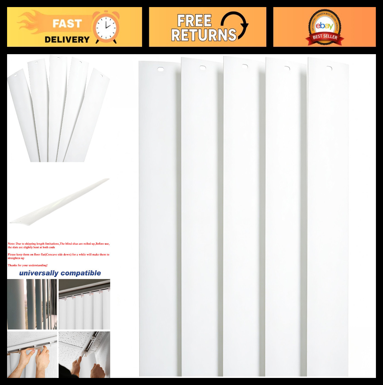 82.5” x 3.5” White PVC Vertical Blind Replacement Slats – Curved Smooth (5 Pack)