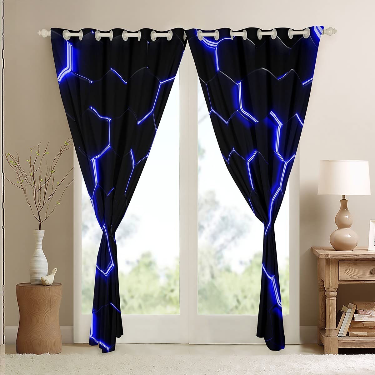 Feelyou Blue And Black Print Curtains Hexagonal Window Curtains For Bedroom
