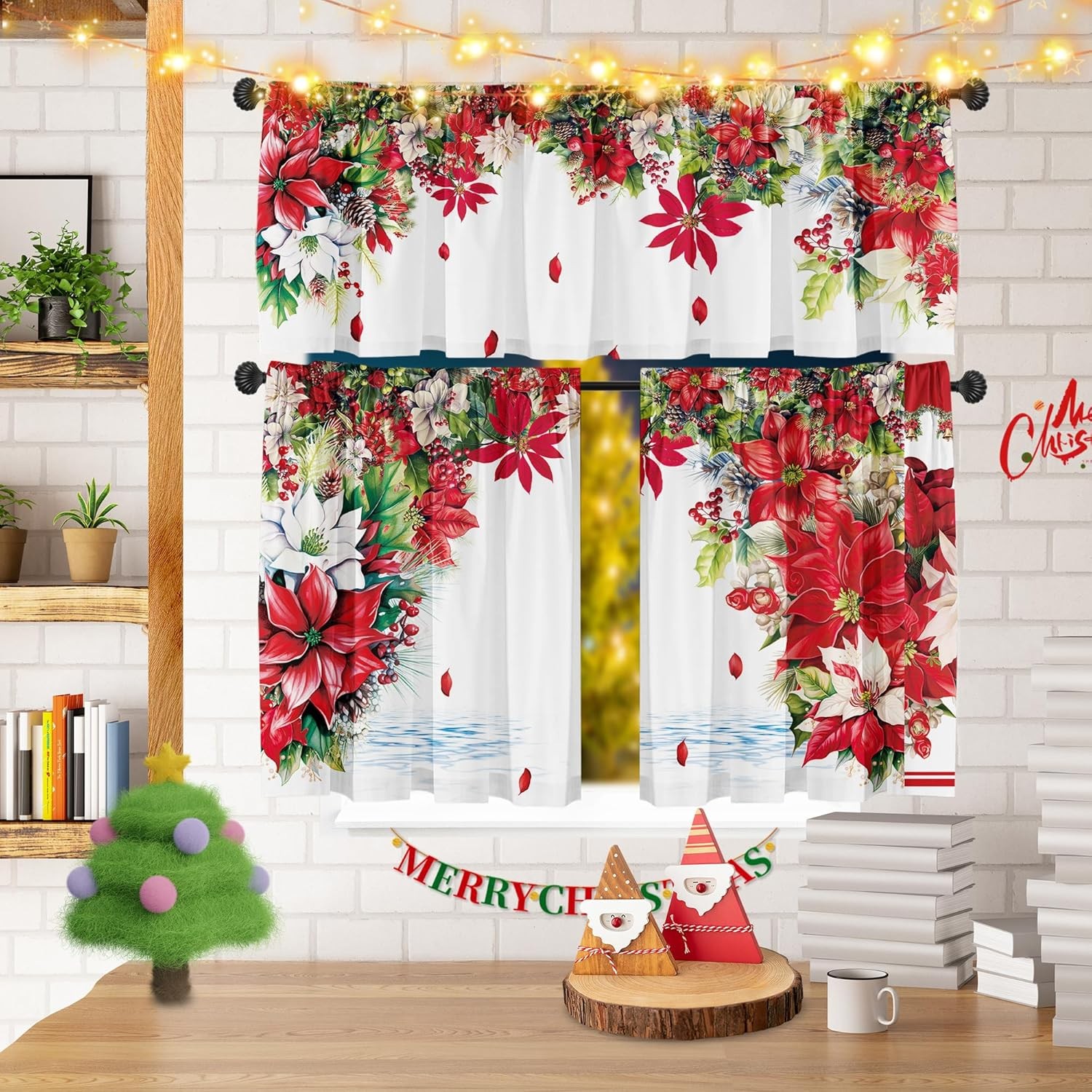 Christmas Poinsettia Curtain Valances 3 Piece Set Upper Curtain 52” Lx18”