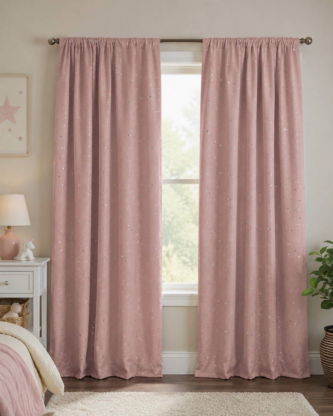 BGment Pink Silver Star Blackout Curtain Panels 51.5 x 84 Set of 2 Rod Pocket