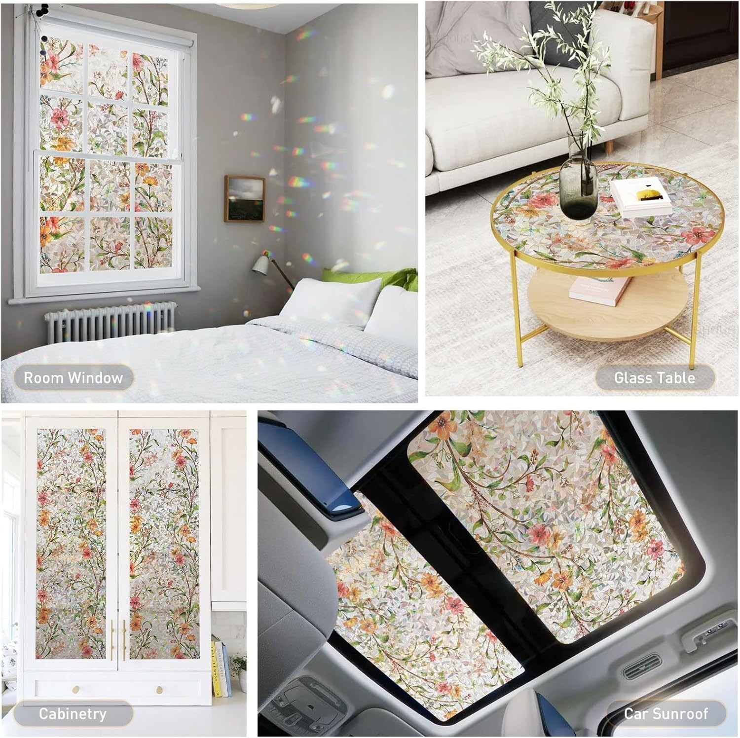 Window Privacy Film Floral Rainbow Decorative Stickers, 3D Static Stained Gla…