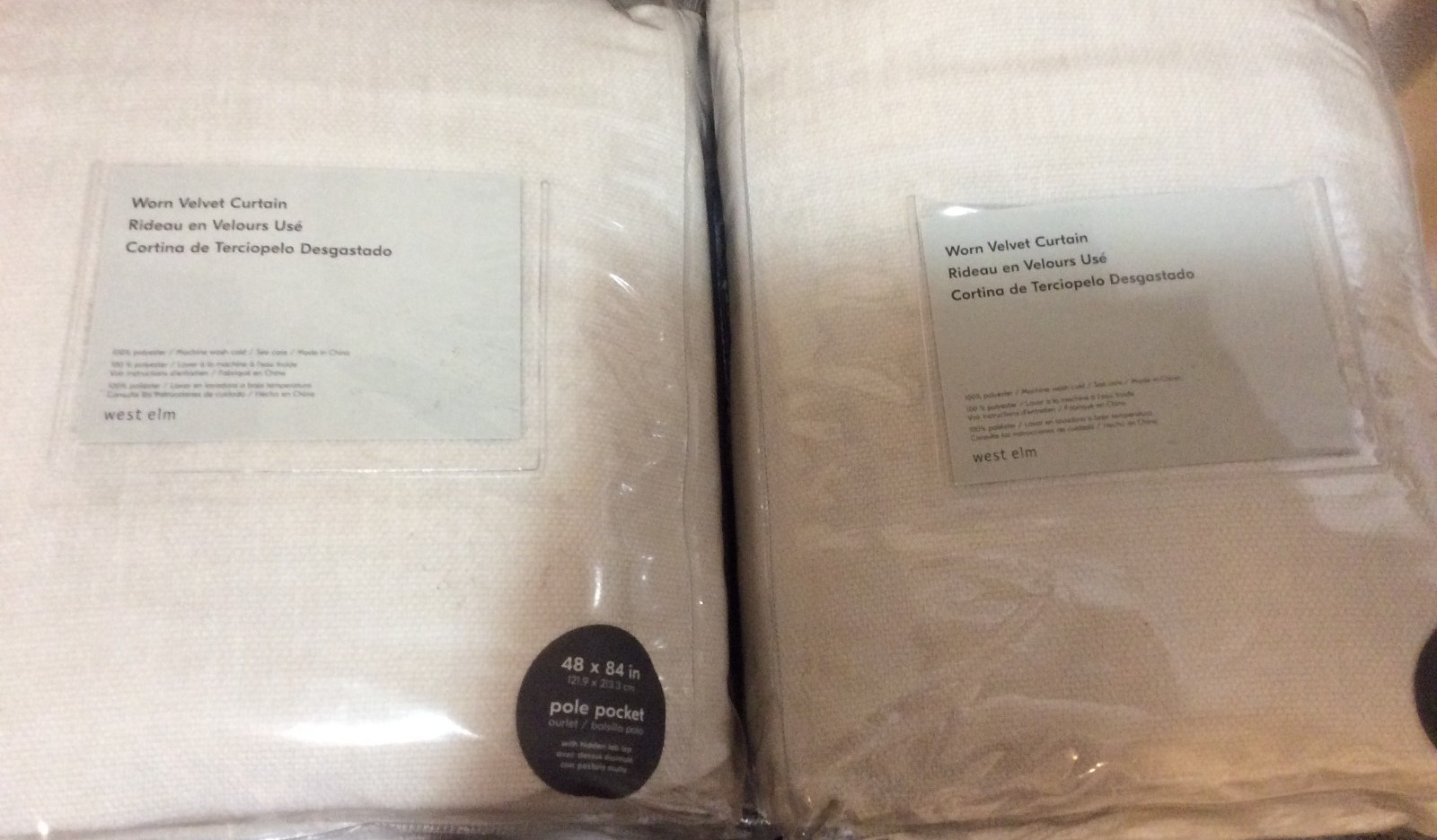 West Elm Two (2) Worn Velvet Curtains 48×84 New Alabaster Unlined Textured Ivory