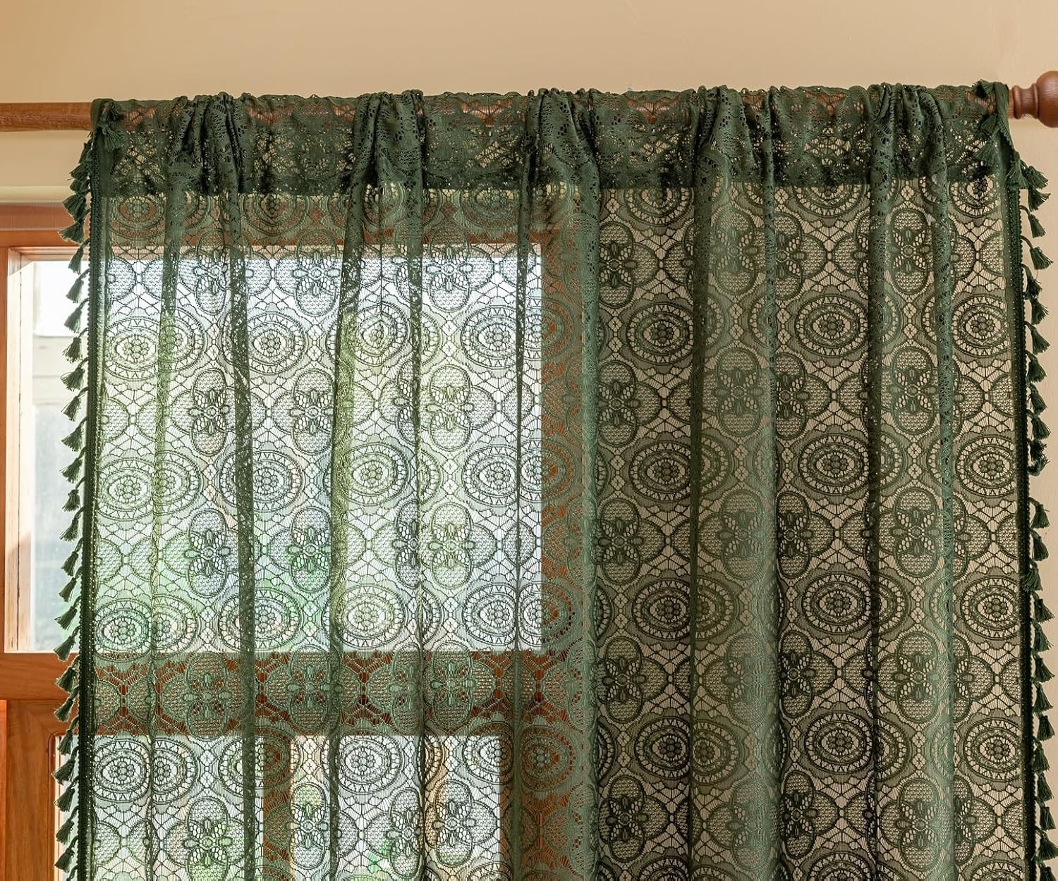 Dark Green Lace Curtains 84 Inch Long for Living Room 2 Panels Vintage Boho L…