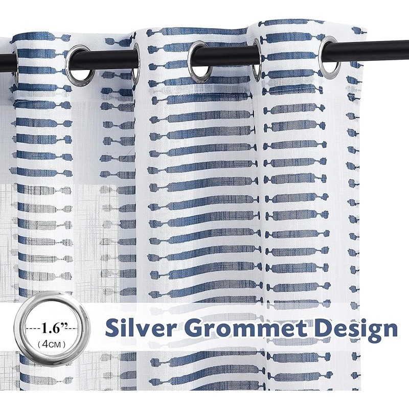 Sheer Curtains W/ Navy Stripe Pattern Light Filter Grommet Top Home Decoration