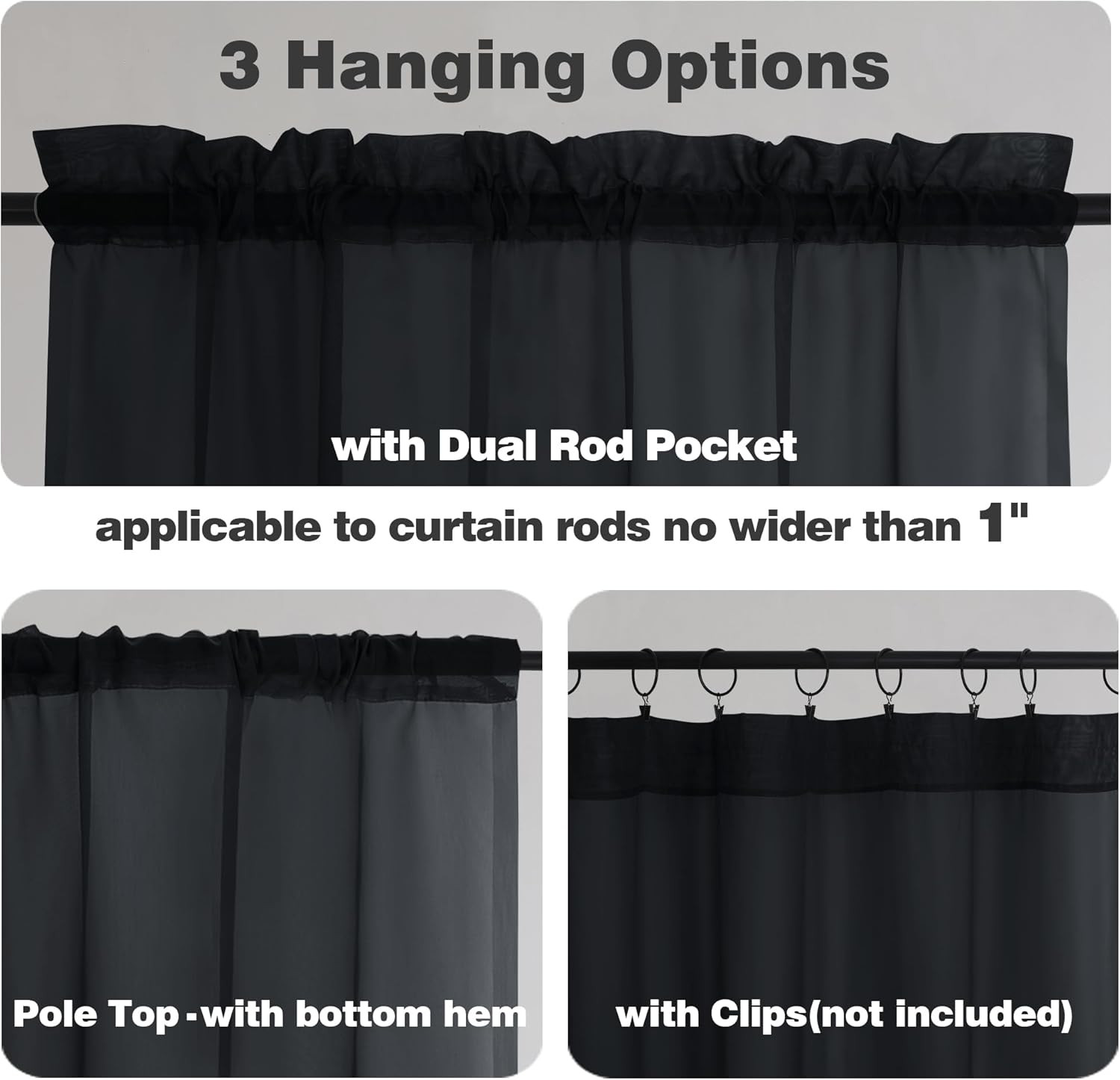 2 Pack Black Sheer Window Valances 42×14 Rod Pocket Voile Kitchen Curtains