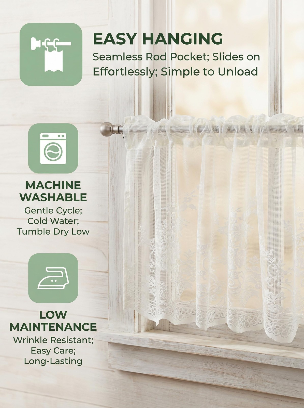 White Lace Window Valance Semi Sheer Floral Curtain for Kitchen Bathroom