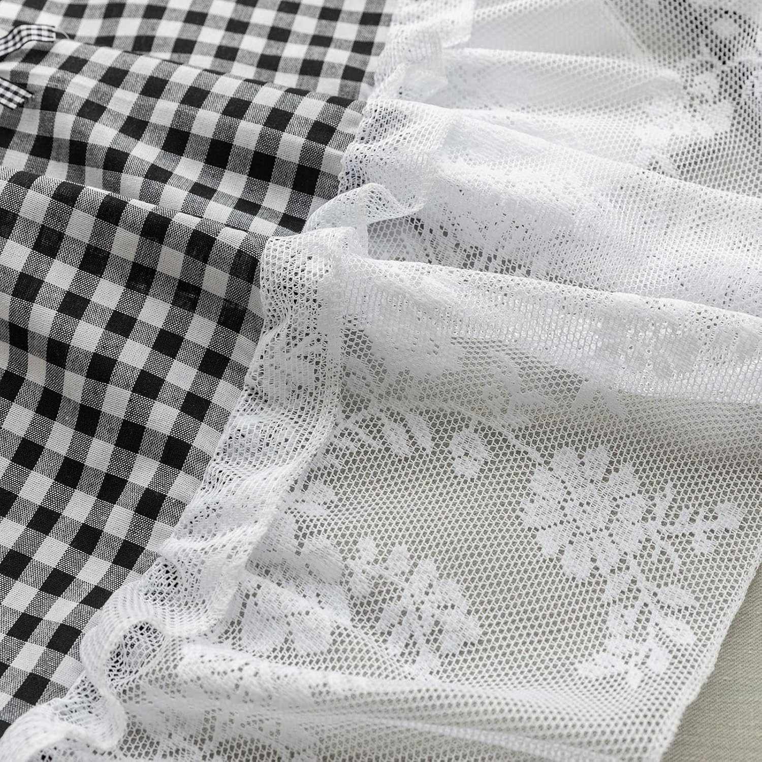 Black and White Buffalo Check Window Valances Floral Lace Semi Sheer Kitchen Cu
