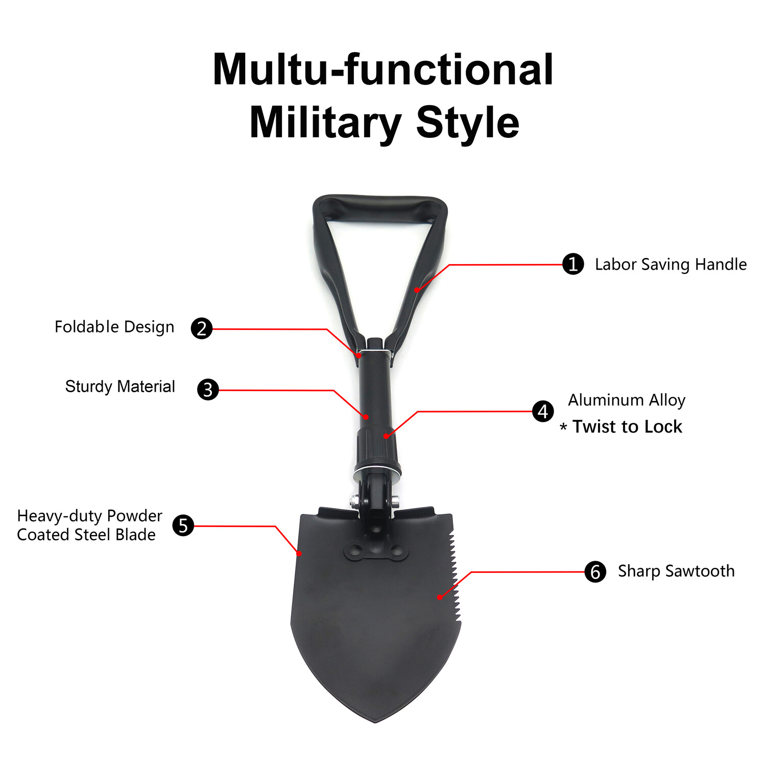 Black Military Style Tri-Fold Shovel Survival Camping Scouting Entrenching Spade