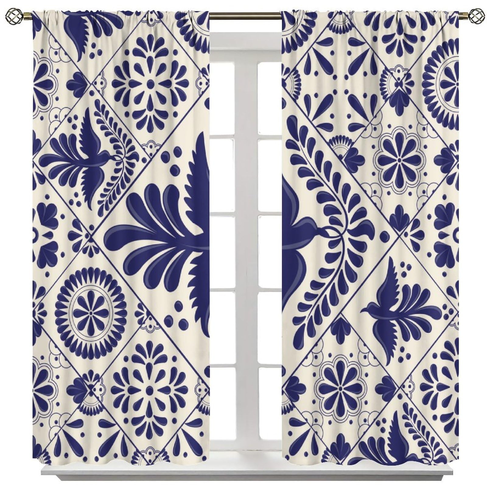 Mexico Curtains, Mexican Traditional Talavera Style Tiles Floral Birds Window…