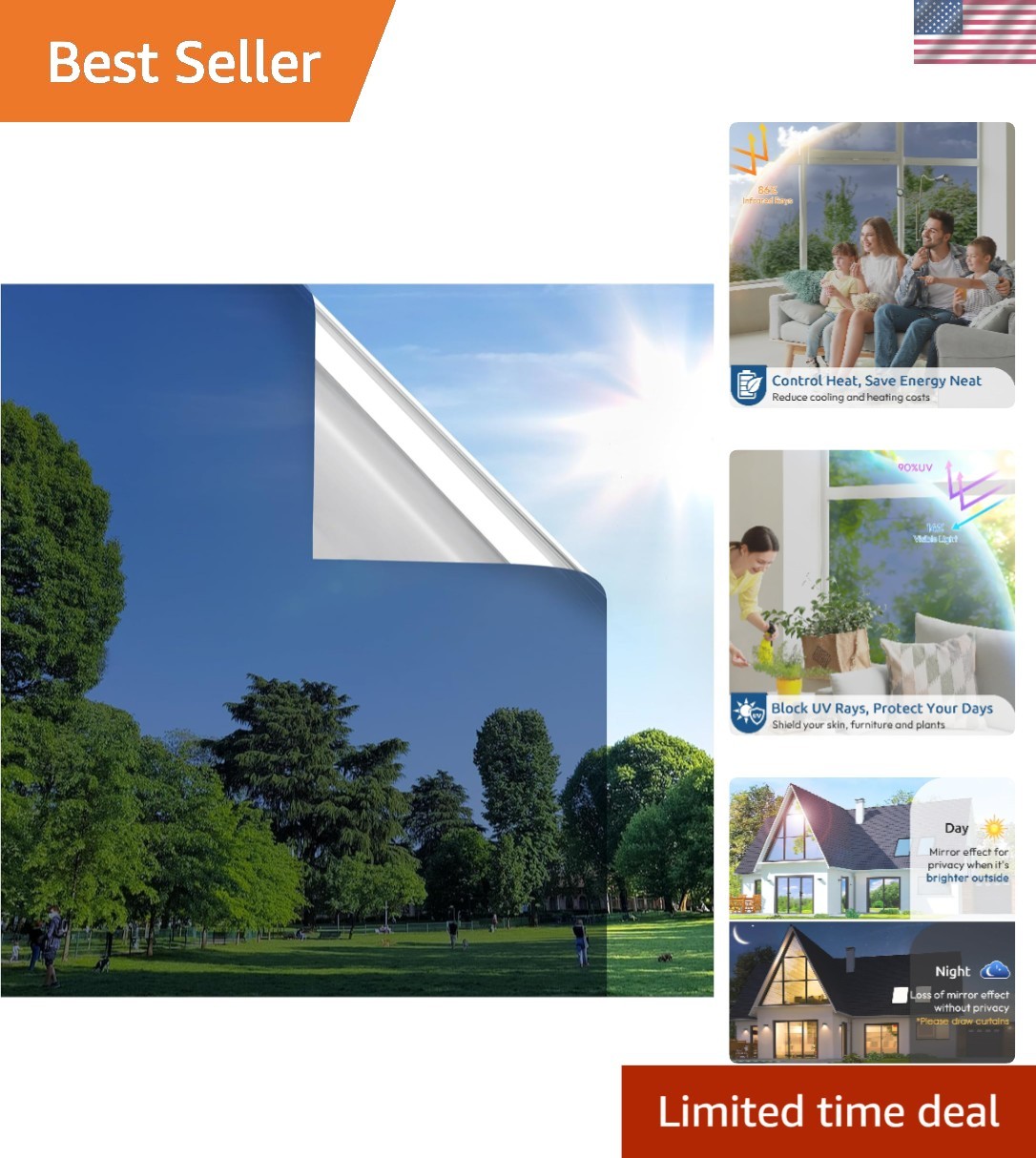 17.5×78.7” One-Way Window Privacy Film – Heat Reflective Glass Tint Blue-Silver