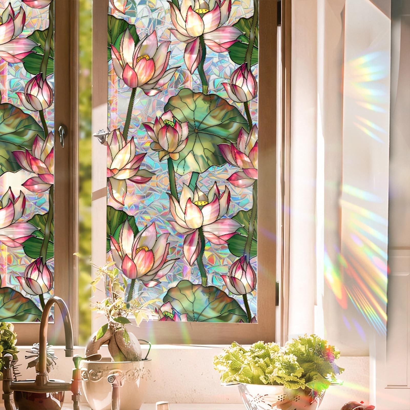 Stained Glass Window Film UV Resistant Window Privacy Film Lotus Floral Priva…