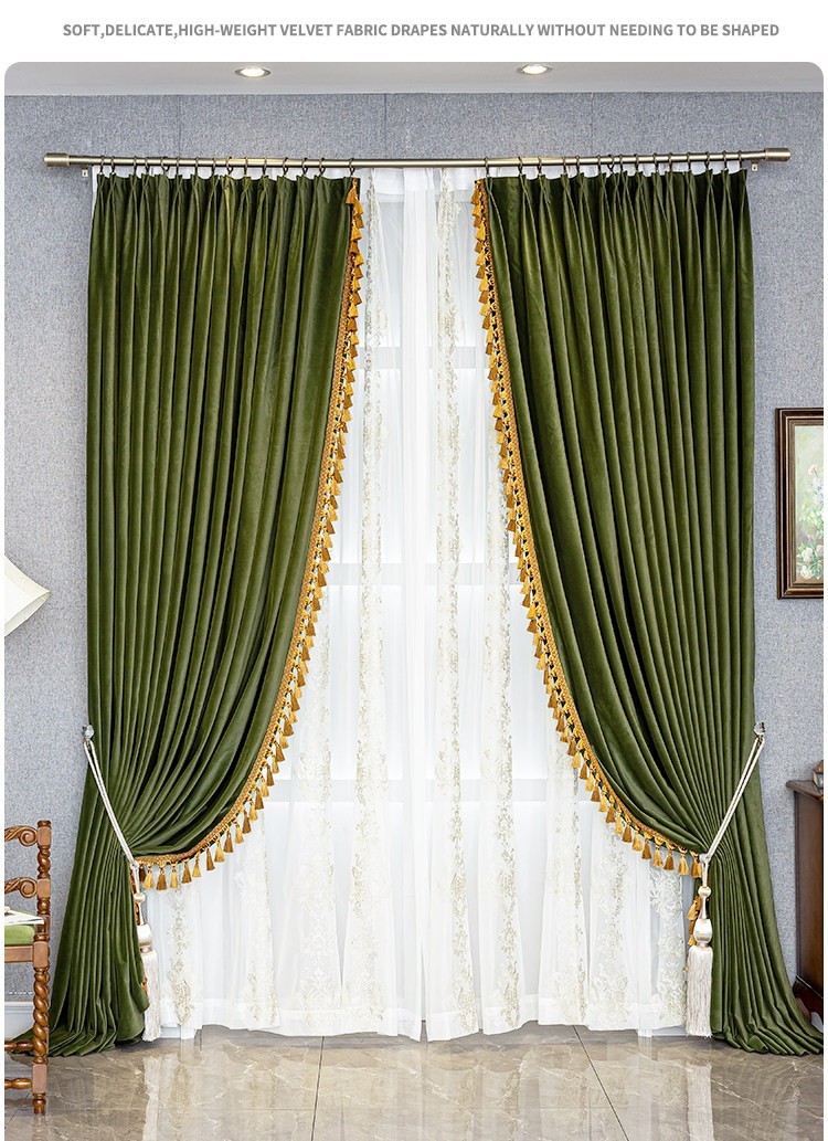 Custom retro American green flannel bedroom velvet cloth curtain tulle M1843