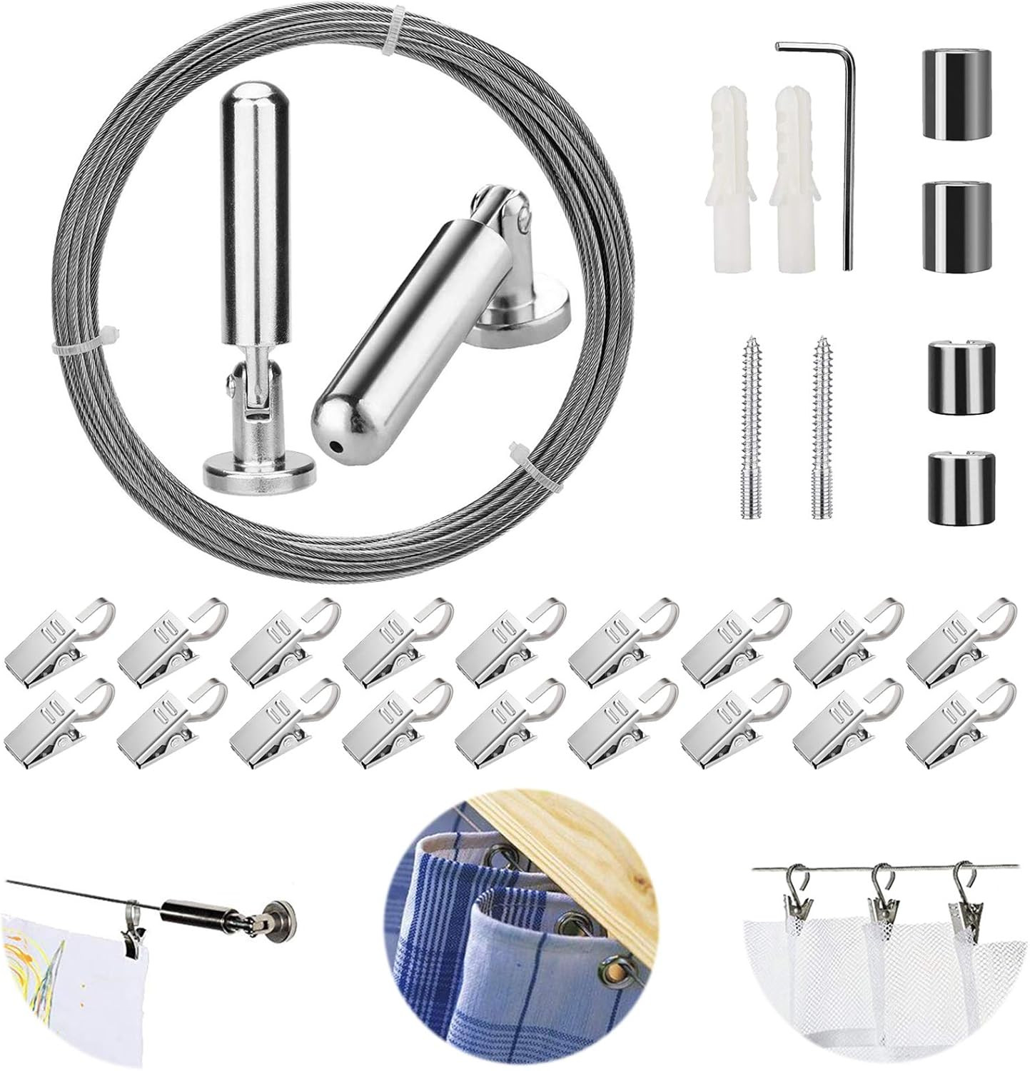 [5 Meters] Wall Mount Curtain Wire Rod Set with – Stainless Steel