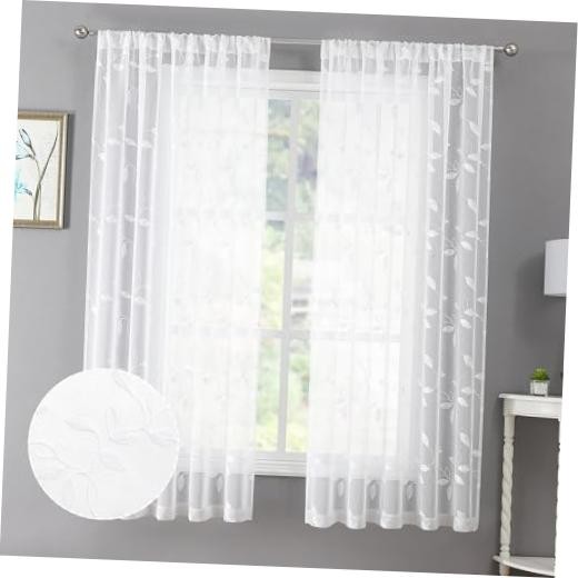Tollpiz Leaf Sheer Curtains Leaves Embroidered 54″W x 45″L (Pack of 2) White