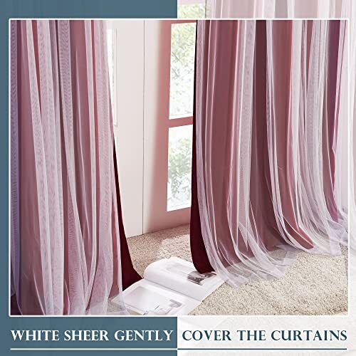 Red Curtains 95 Inches Long Solid Blackout Curtains With White Sheer Overlay 52
