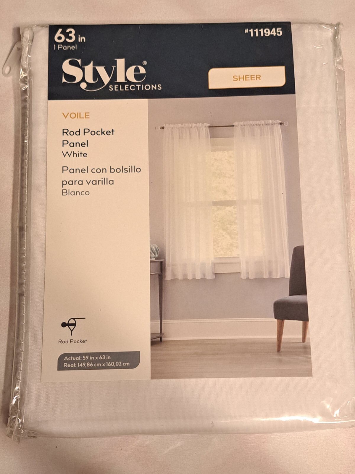 Style Selections Rod Pocket Curtain Panel #111945 Sheer White New 59″ X 63″