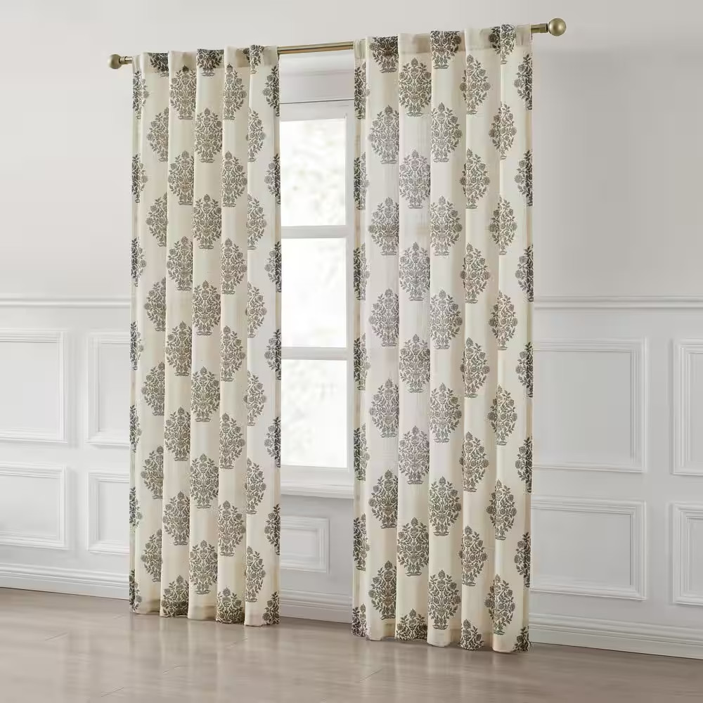 Sofia Flower Block Bouque Clay/Teal Faux Linen 37 In. W X 84 In. L Rod Pocket Li